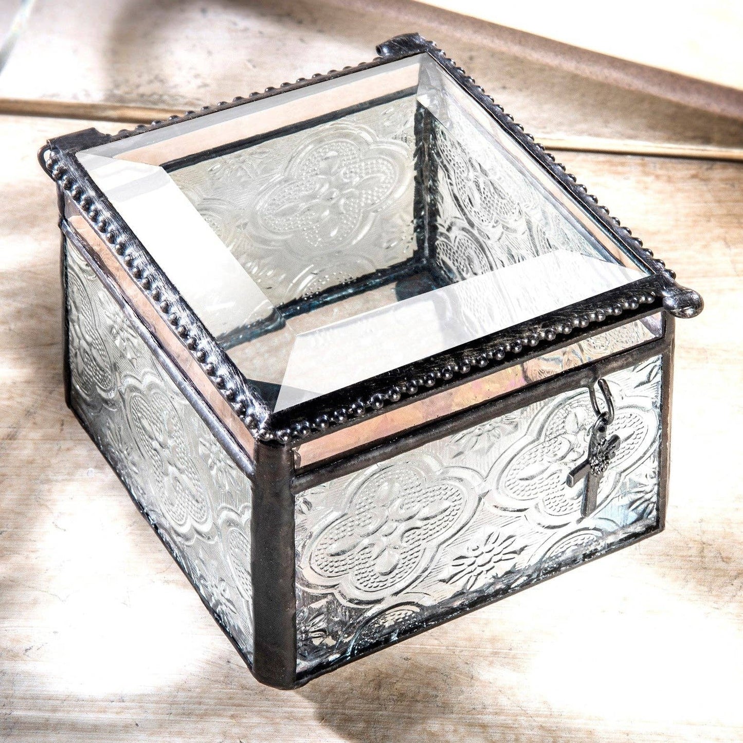 Clear Vintage Glass Box with Cross Charm