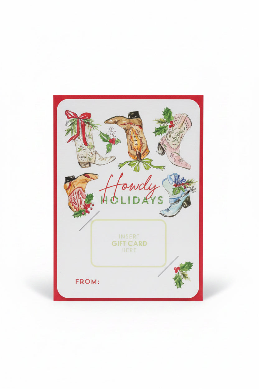 Tarjeta de felicitación navideña con botas de Howdy Holidays