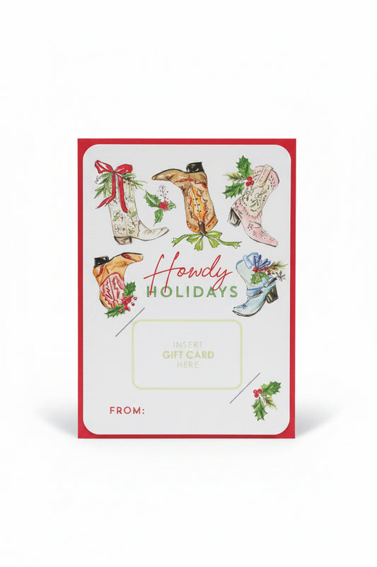 Tarjeta de felicitación navideña con botas de Howdy Holidays