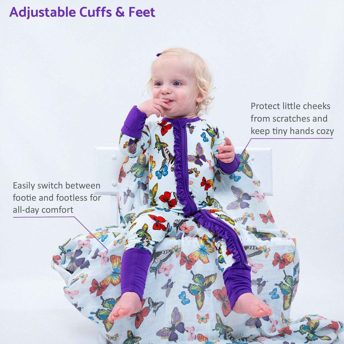 LollyBanks - Bamboo Baby Convertible Ruffle Zipper Pajamas - Butterfly