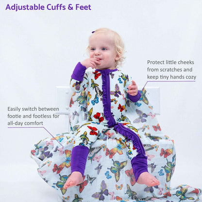 LollyBanks - Bamboo Baby Convertible Ruffle Zipper Pajamas - Butterfly