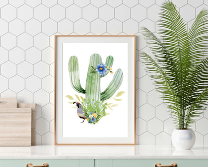 Desert Quail & Cactus Art Print with Blue Florals