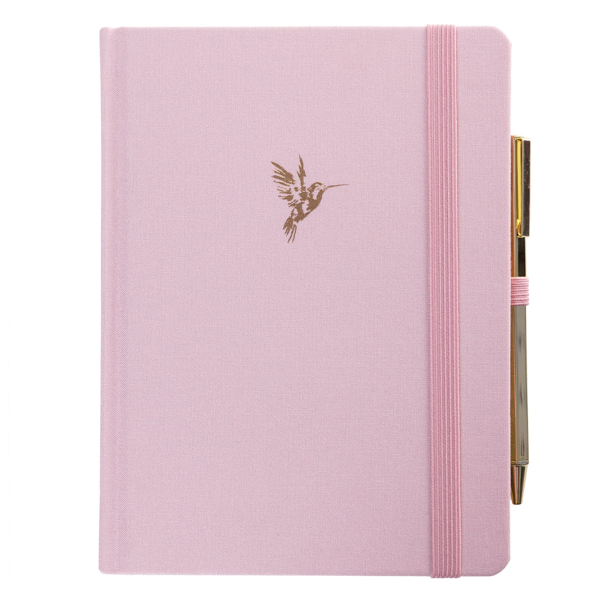 La Petite Presse Hummingbird Fabric-Bound Journal with Pen, A pink fabric journal with a gold foil hummingbird on the cover, paired with a gold twist pen tucked into a loop at the spine.