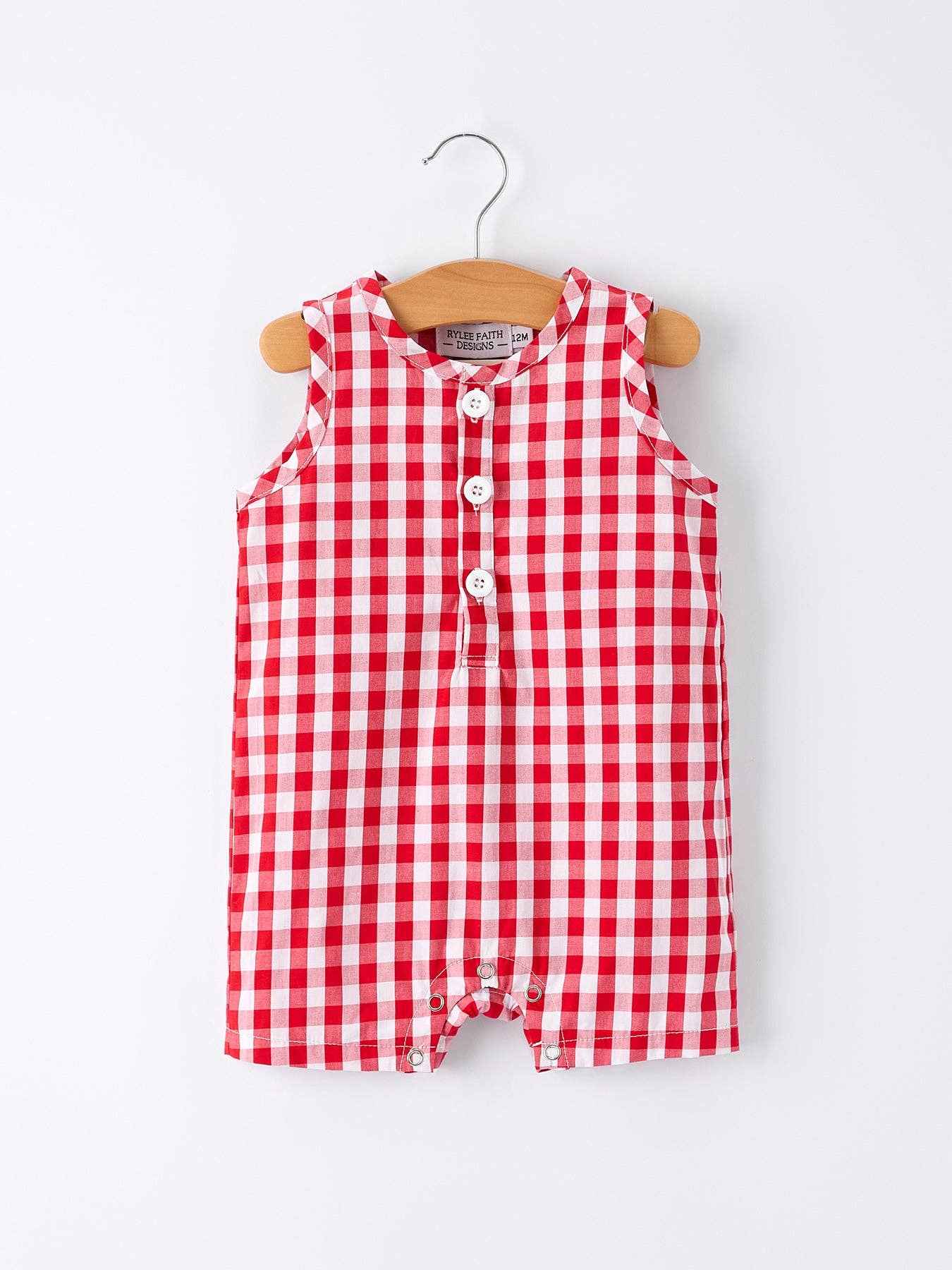 Summer Plaid Smocked Ruffle Boys Romper Sibling Outfits: 18M