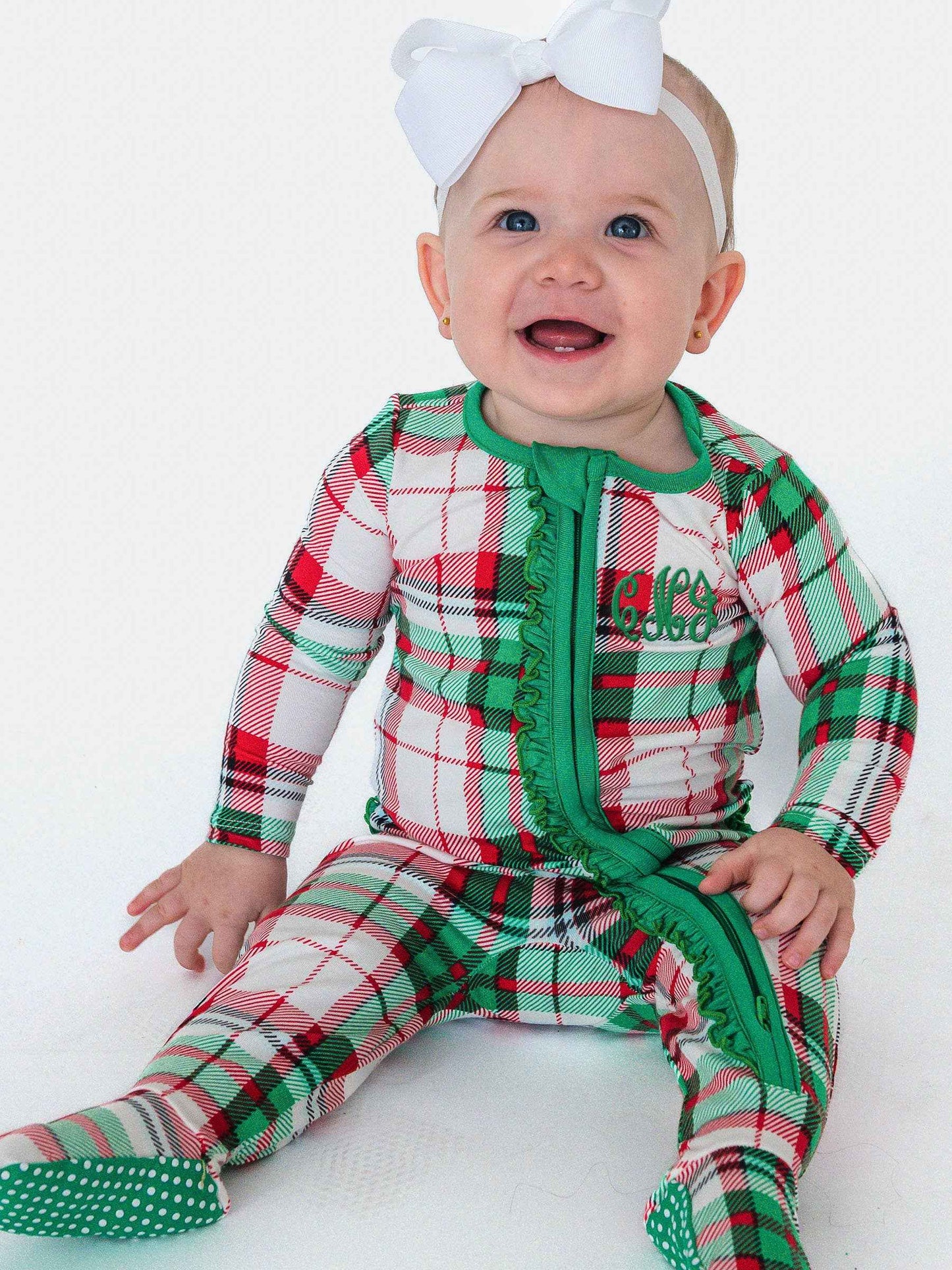 SoftSnooze™ Baby Girls Cotton Modal Dashing Dreams Plaid Footed Ruffle One Piece Pajama: White / 0-3m