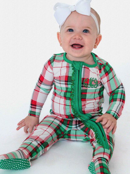 SoftSnooze™ Baby Girls Cotton Modal Dashing Dreams Plaid Footed Ruffle One Piece Pajama: White / 0-3m
