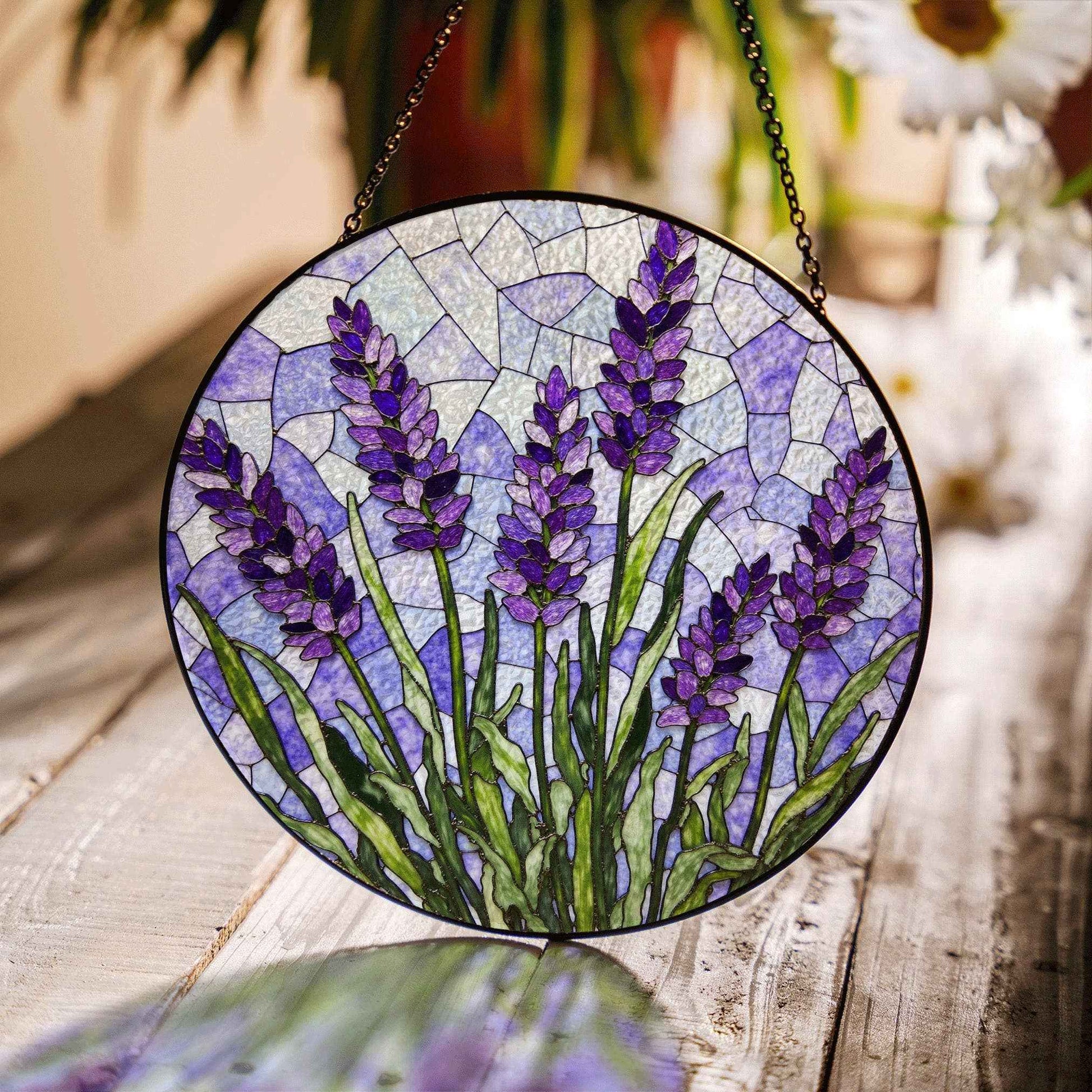 Lavender Flower Stained Glass Window Round Suncatcher