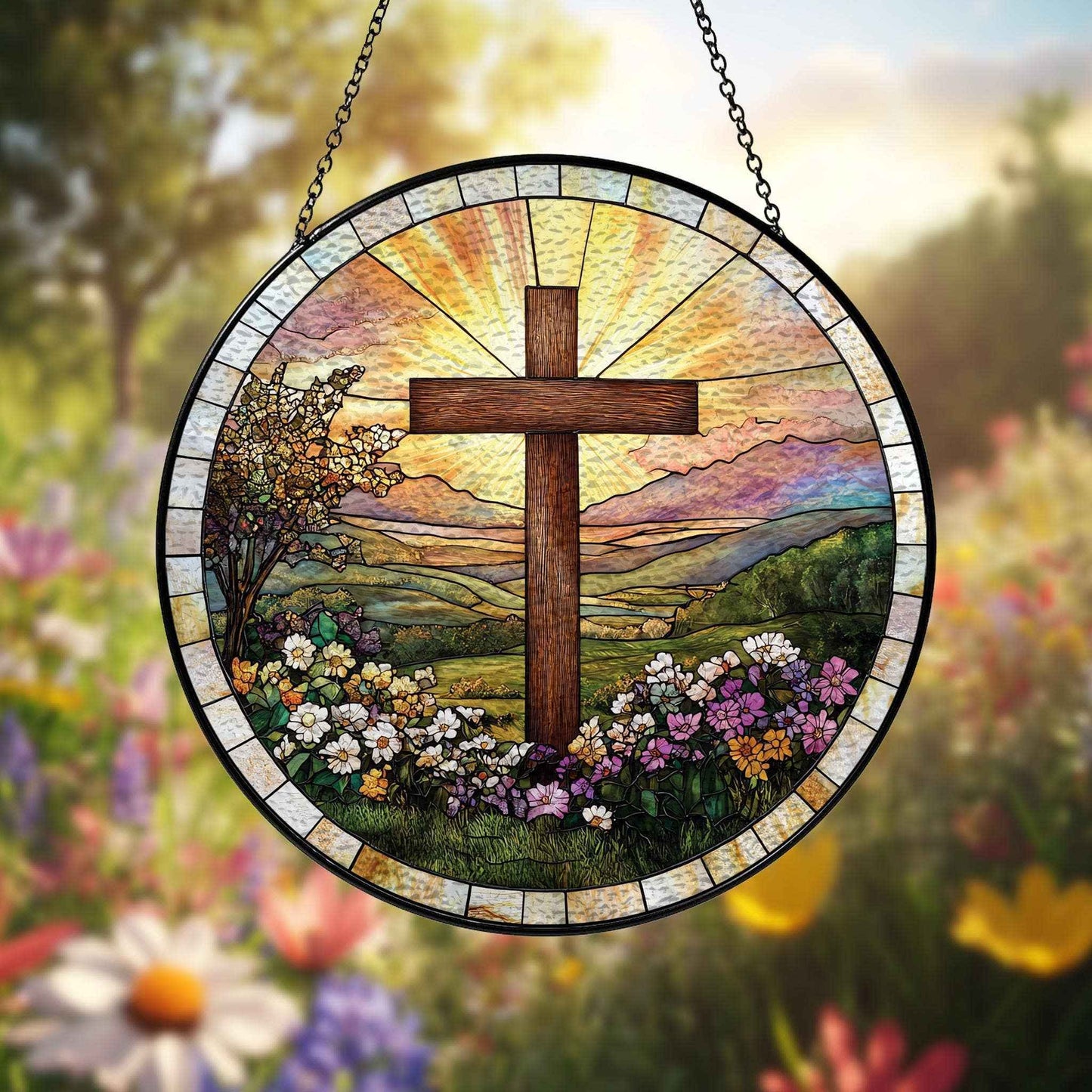 Cross And Wildflowers Strained Glass Suncatcher, Christian