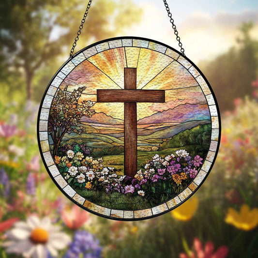 Cross And Wildflowers Strained Glass Suncatcher, Christian