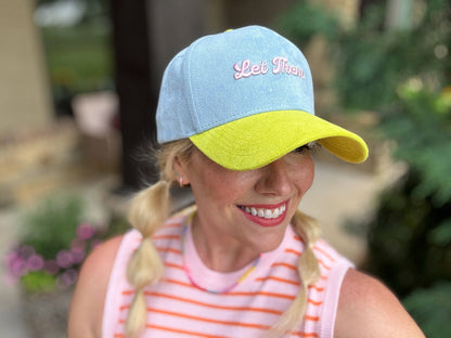 Taylor Elliott Designs - Embroidered Baseball Cap - "Let Them" - Blue + Yellow Suede