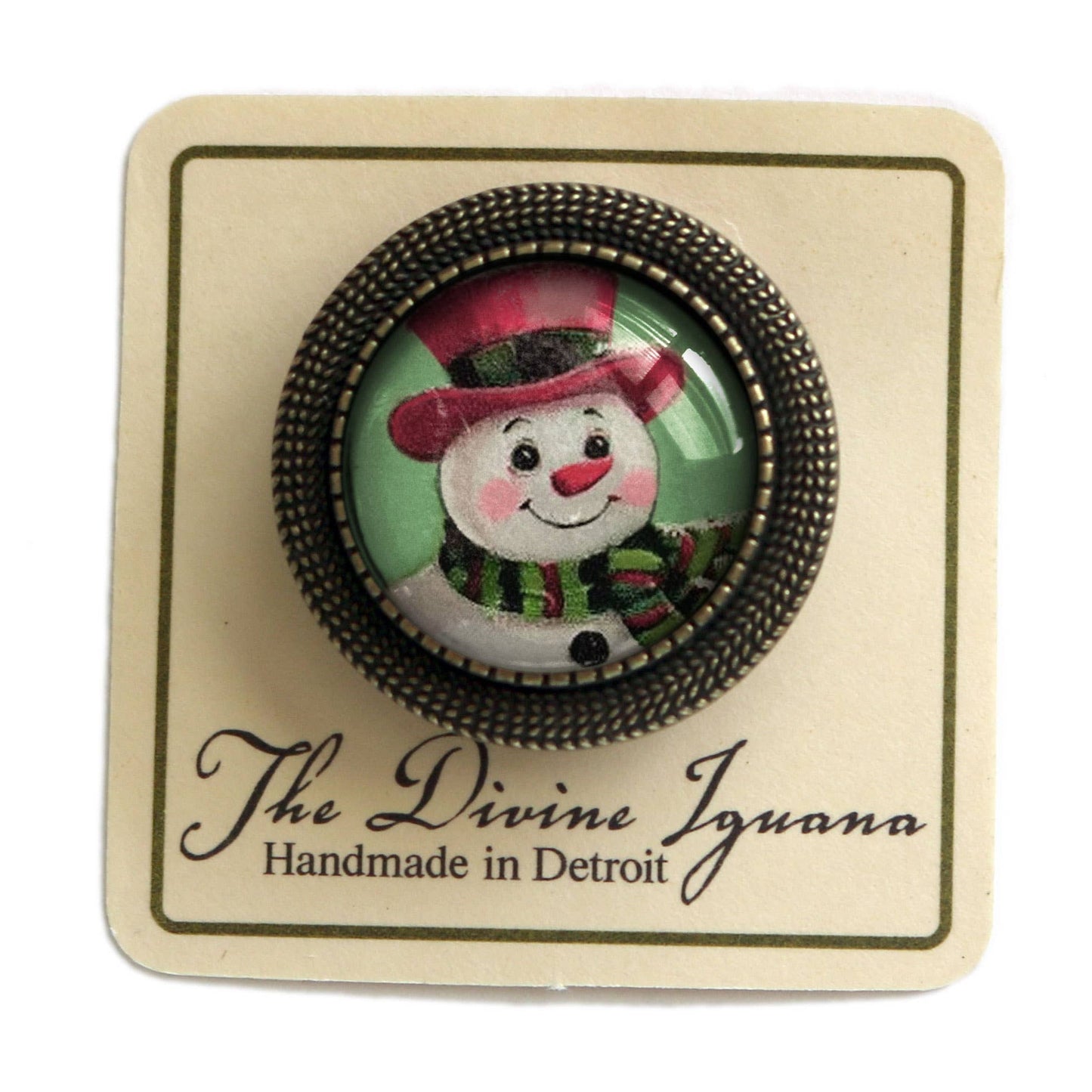 Pink Christmas Snowman Bronze and Glass Lever Back Brooch