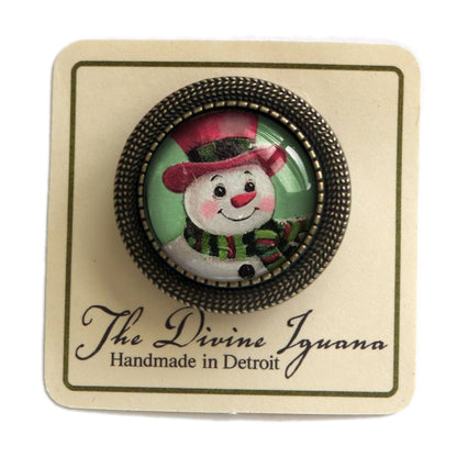 Pink Christmas Snowman Bronze and Glass Lever Back Brooch