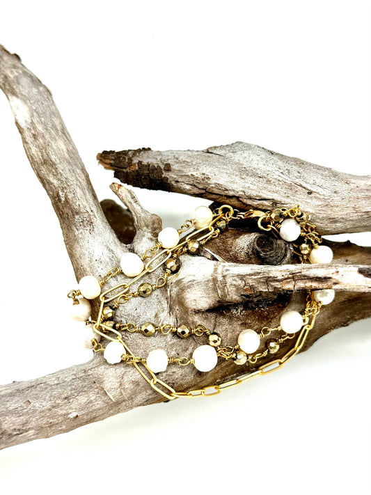 Bracelet Freshwater Pearl, Pyrite Chain, Paper Clip 7”w/2”ext