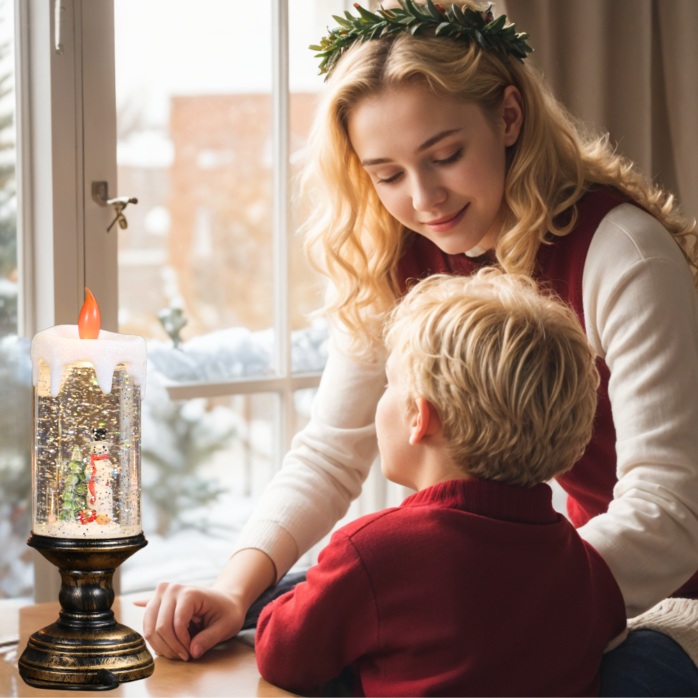 Christmas Musical Snow Globe Candlestick Lantern with Snowman Scene for Christmas Decoration