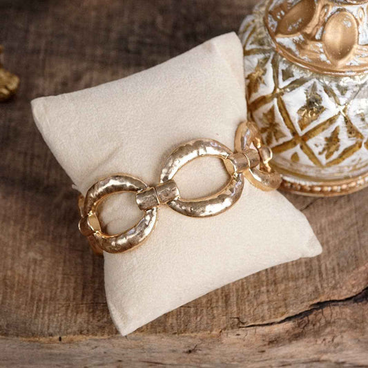 Sunlit Orbit – Chunky Hammered Link Stretch Bracelet: Worn Gold