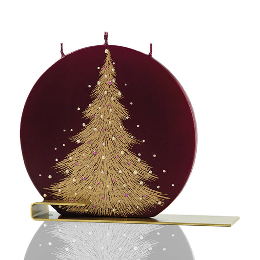 Flat Handmade Candle, Round, Gold Christmas Tree on Burgundy