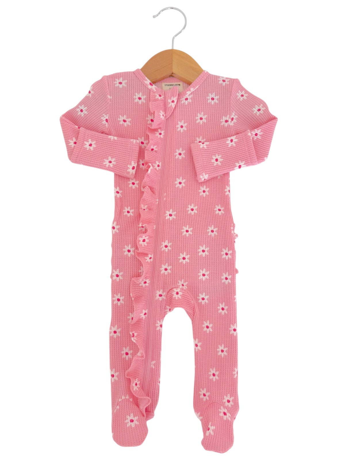 Organic Waffle 2-Way Zip Ruffle Footie, Pink Flower: 6 - 9 mo.
