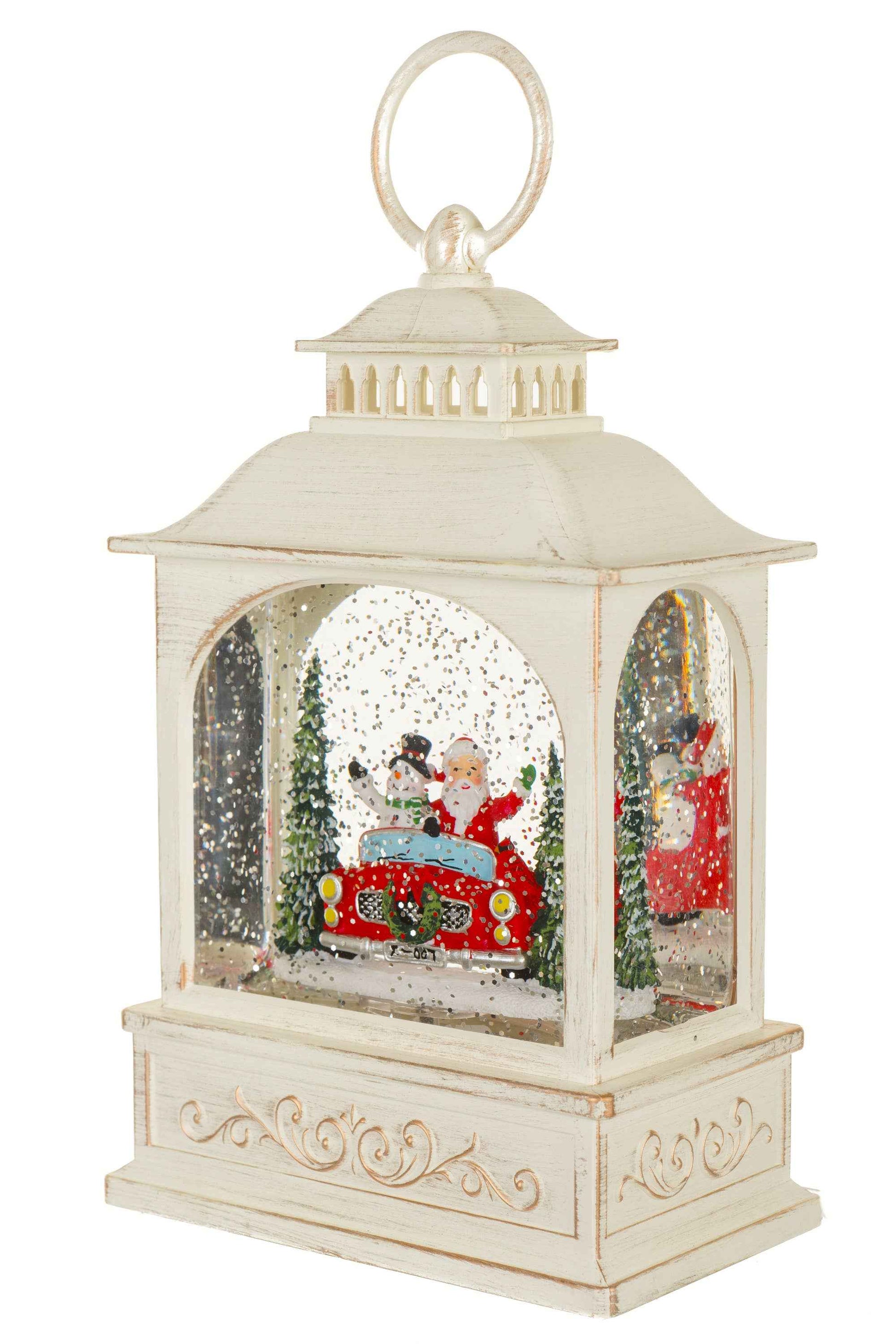 NEW-Off-White Lantern Snow Globe with Santa's Sports Car