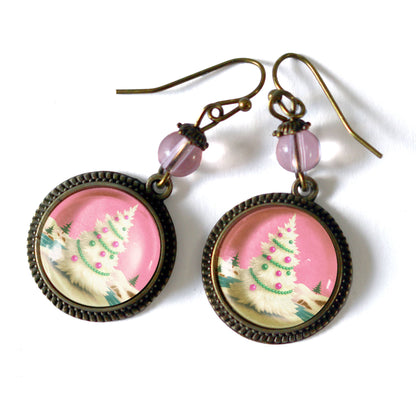 Pink Christmas Tree Earrings