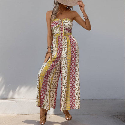 Strapless Smocked Romper Tube Top Flare Trousers Jumpsuit