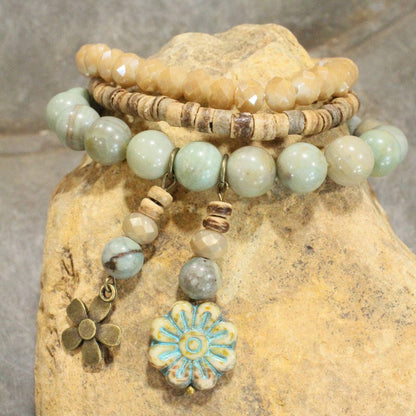 Stone, Glass, & Coconut Flower Dangle Bracelet Set