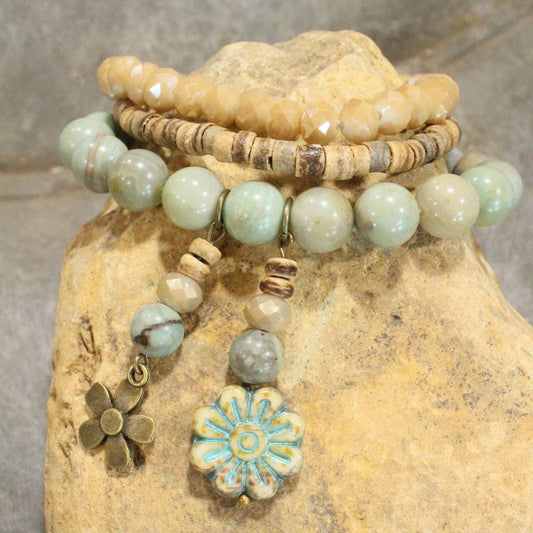 Stone, Glass, & Coconut Flower Dangle Bracelet Set
