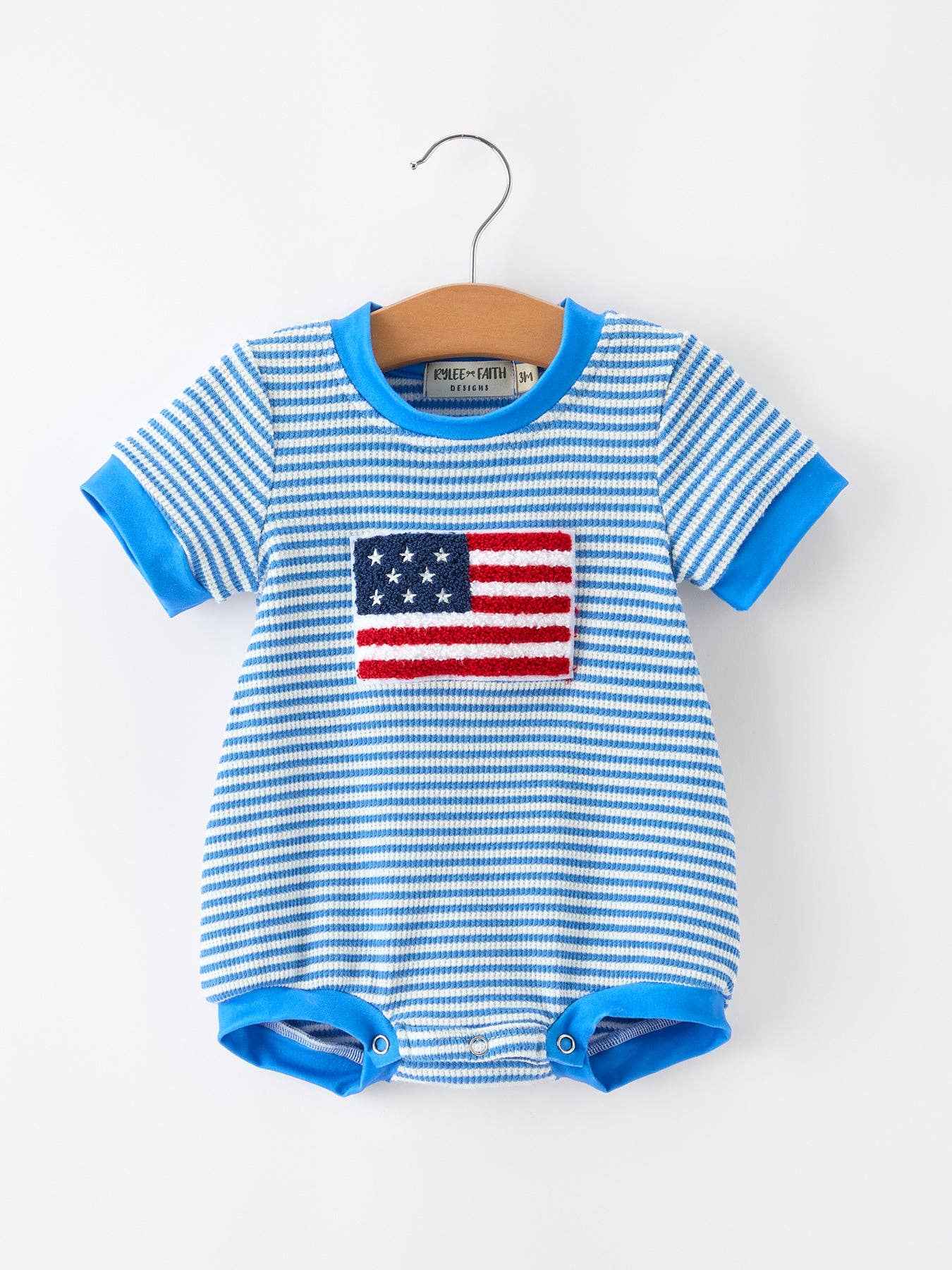 4th of July Flag Chenille Baby Boy Romper Blue Stripe: 12M