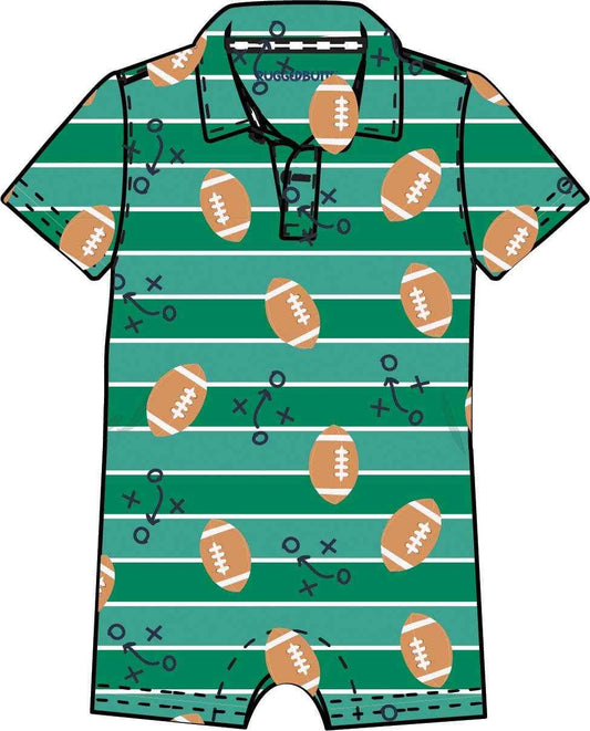 Boys Tackles & Touchdowns Football Knit Short Sleeve Performance Polo Romper: Green / 3-6m