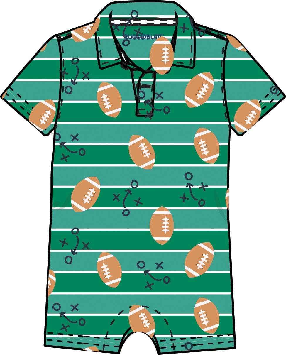 Boys Tackles & Touchdowns Football Knit Short Sleeve Performance Polo Romper: Green / 0-3m