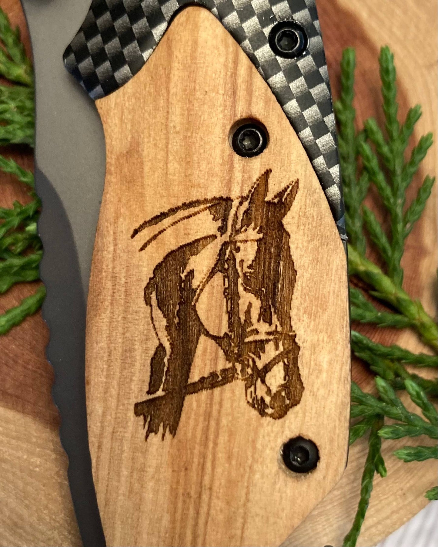 Quail Tail Laser Art - Horse Head Knife