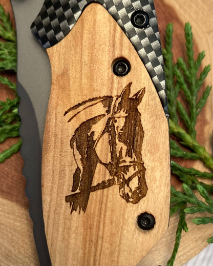 Quail Tail Laser Art - Horse Head Knife