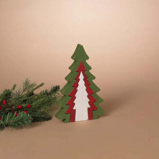 Adorno Navideño de Madera Anidable Verde, Rojo y Blanco con Forma de Árbol - 24 cm de Alto