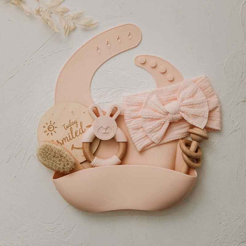 Baby Silicone Bibs Headband Brush Gift Set: Brown