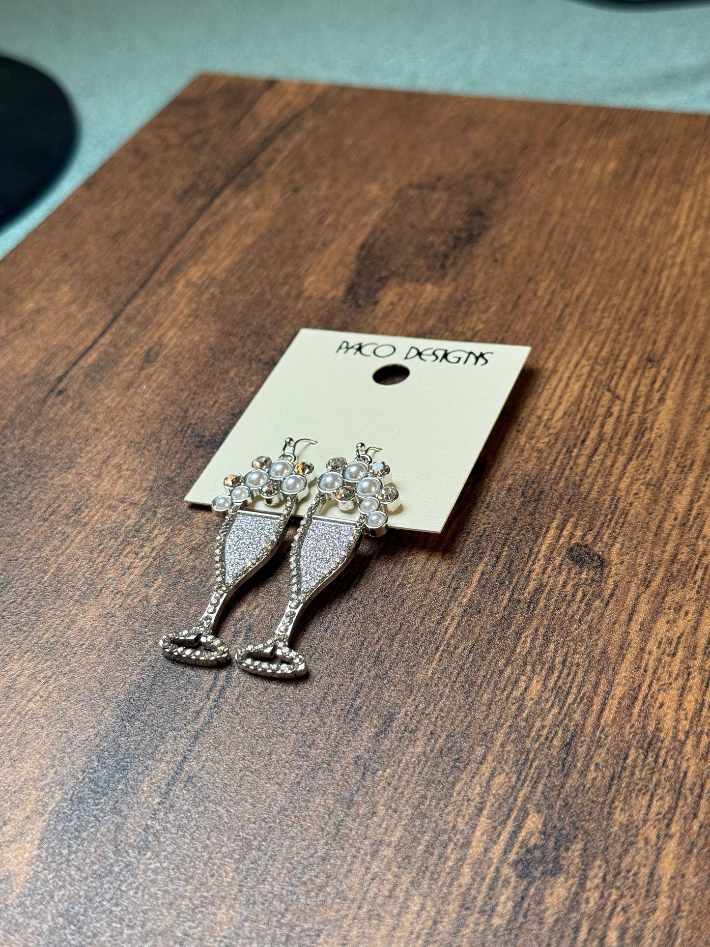 Sparkly Silver Champagne Flute Earrings with Pearls