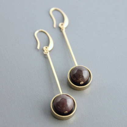 Geometric brown agate and brass earrings