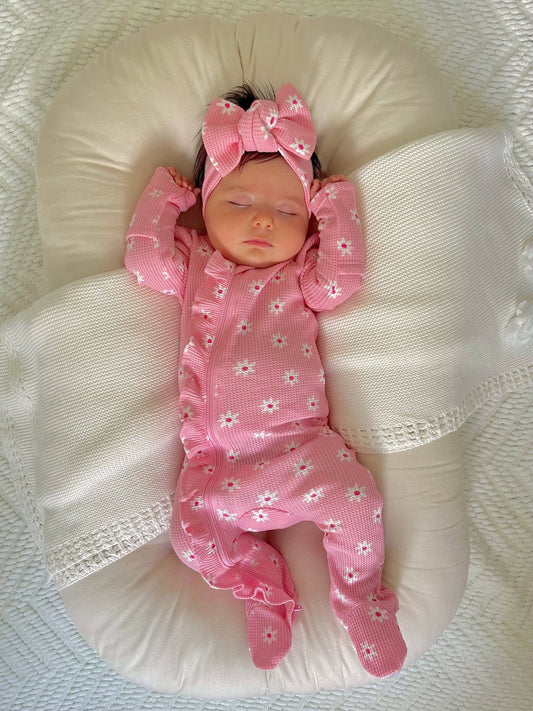 Organic Waffle 2-Way Zip Ruffle Footie, Pink Flower: 6 - 9 mo.