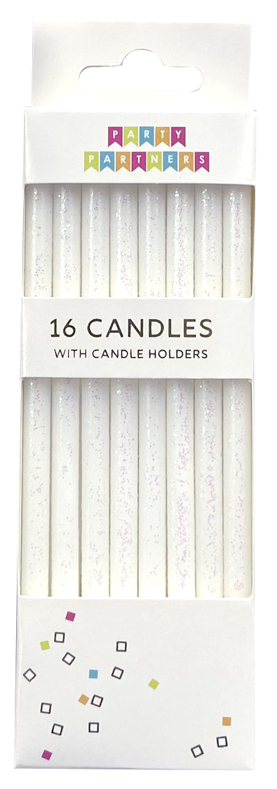 Juego de 16 velas altas con purpurina blanca