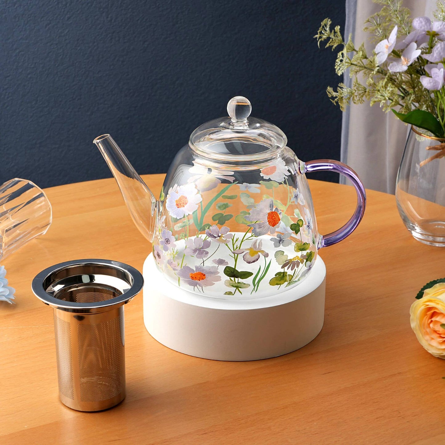 Floral Glass Teapot with Infuser 44 fl oz (1300ml)