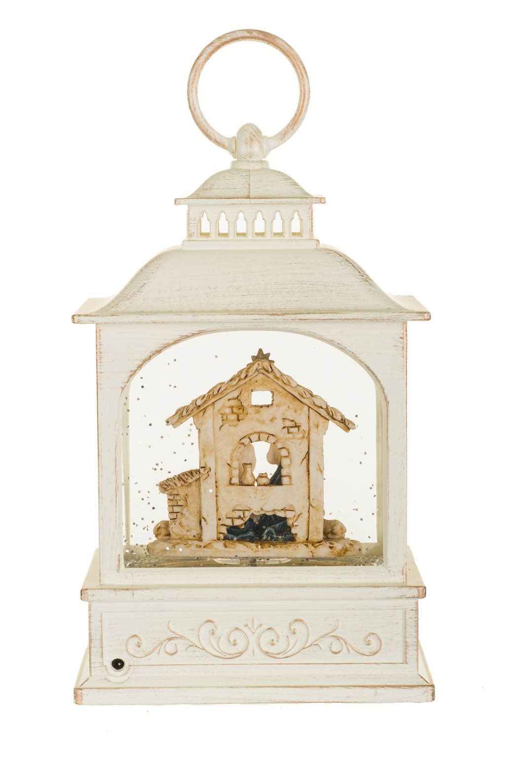 Musical White Led Lantern Snow Globe With Nativity Scene