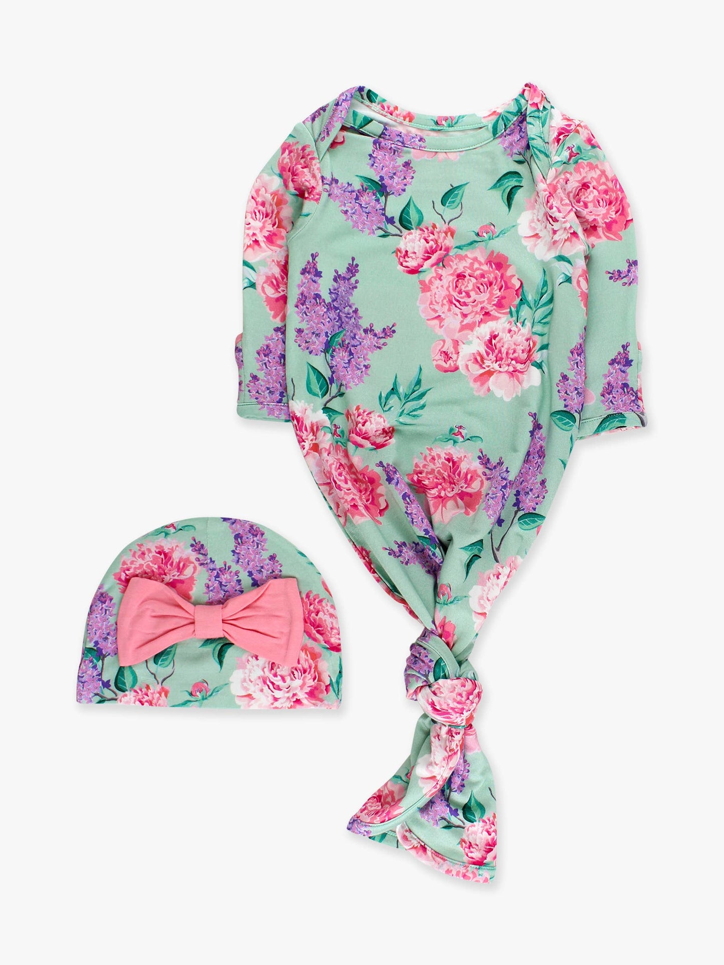 Baby Girls Bamboo Sage Knotted Sleep Gown & Bow Hat Set: Green / Newborn-3m