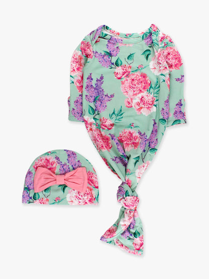 Baby Girls Bamboo Sage Knotted Sleep Gown & Bow Hat Set: Green / Newborn-3m