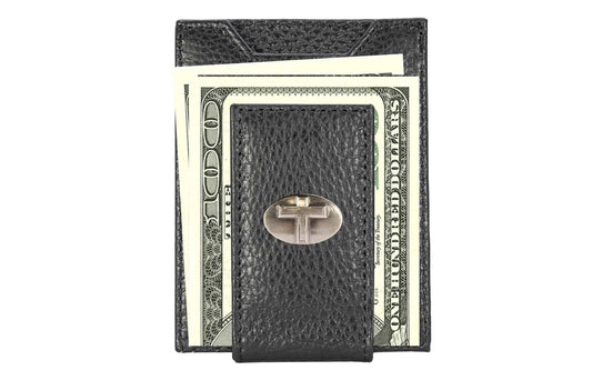 Christian Cross Magnetic Leather Slim Wallet: Pebble Black