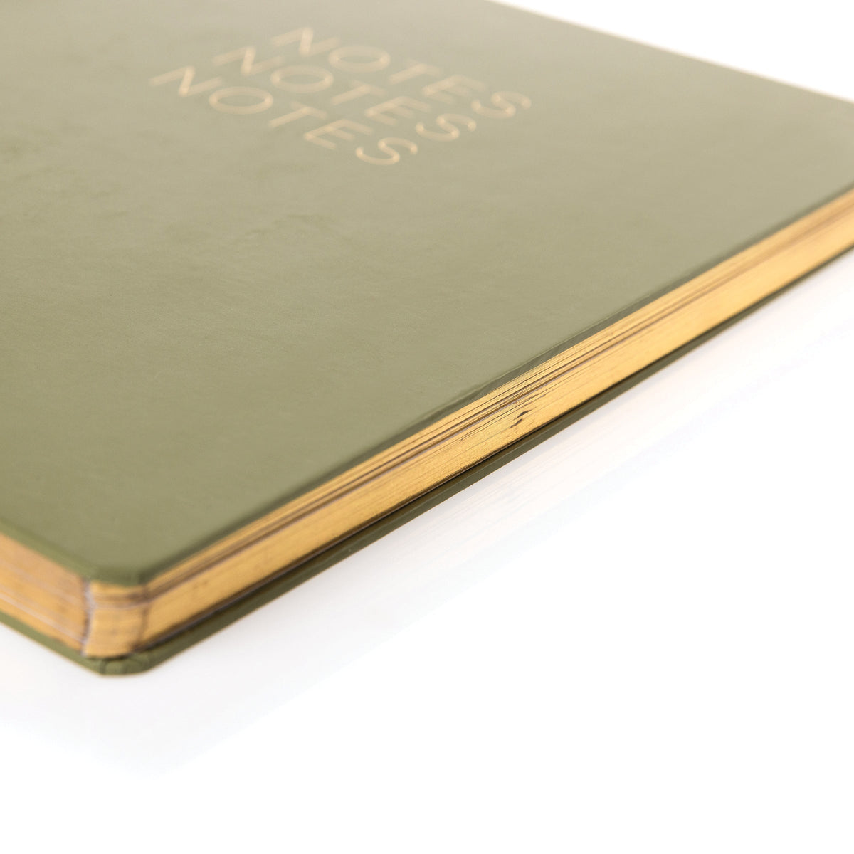 Green Spiral Desk Journal, An olive green spiral bound journal with Notes Notes Notes stamped in gold foil on the cover.