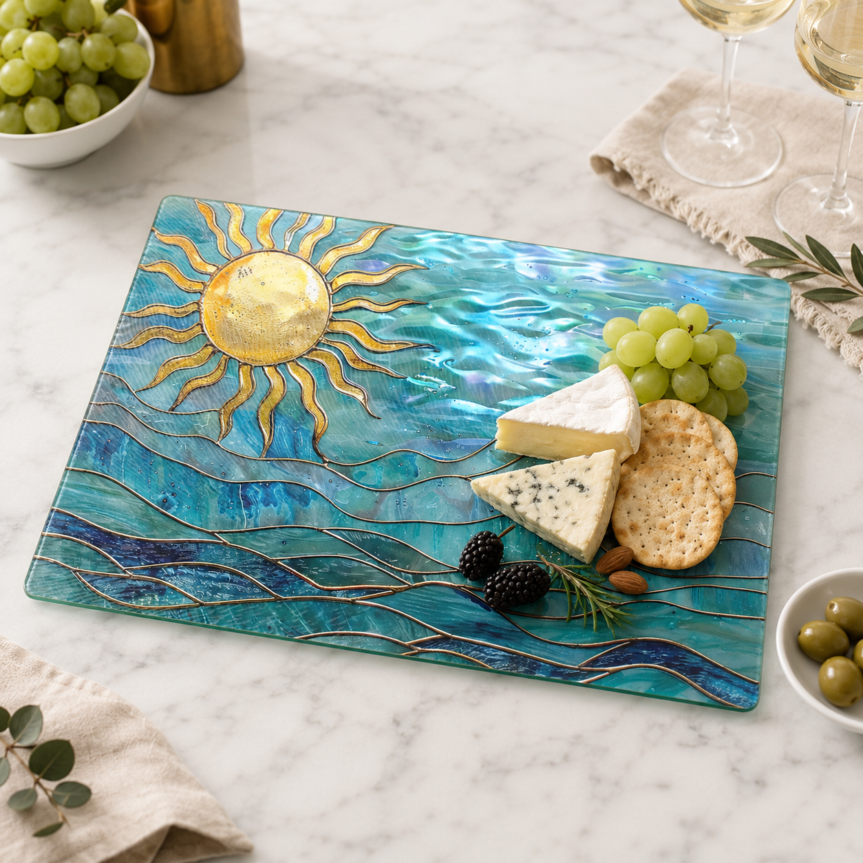 Ocean Sun Tempered Glass Cutting Board, Coastal Charcuterie : 8x11 inch