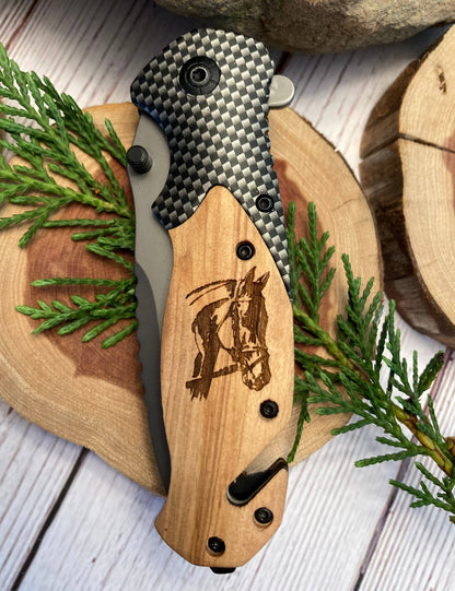 Quail Tail Laser Art - Horse Head Knife