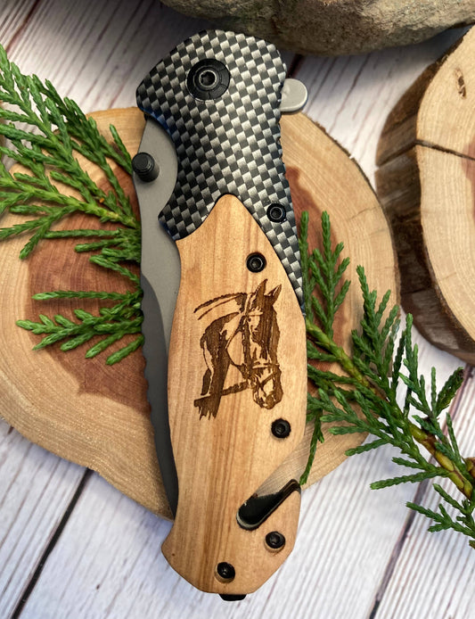 Quail Tail Laser Art - Horse Head Knife