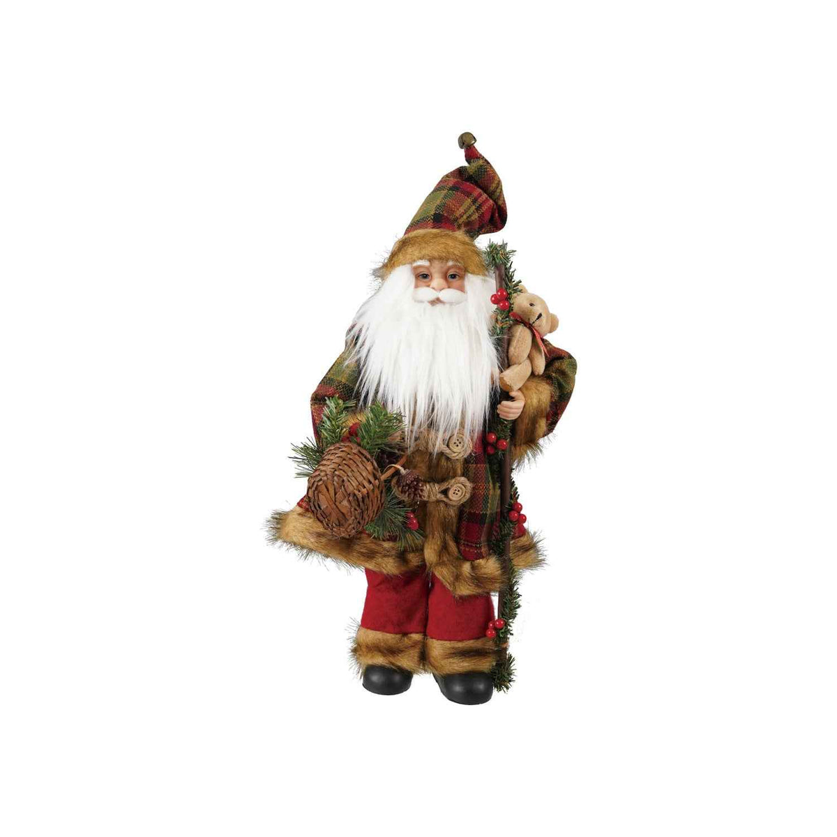 Fabric and Faux Fur Santa with Plaid Bear and Basket