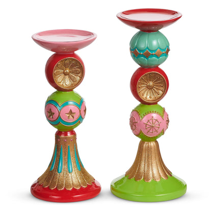 Reflector Ornament Candle Holders in both sizes, Small 9" and Large 10", stacked resin ornament balls on glitter pedestal bases