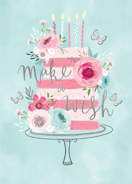 Pink Striped Cake and Flowers Greeting Card