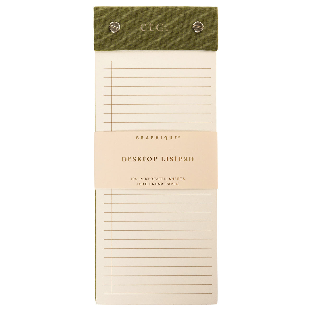 Olive Fabric-Bound Desktop Notepad, An olive green fabric desktop notepad with etc lettered in gold foil and two gold posts at the top.